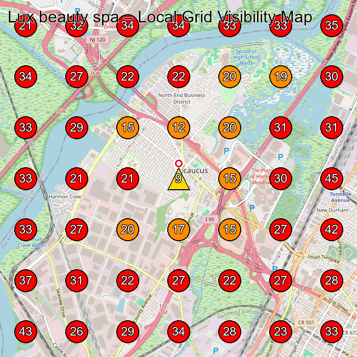 Lux beauty spa GeoGrid visibility map for Beauty Salon in Secaucus